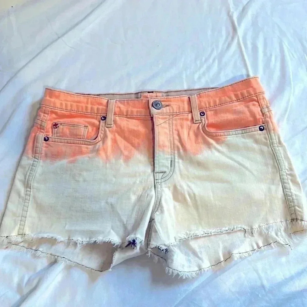Hudson Moss Midrise raw hem orange ombré denim shorts size 26